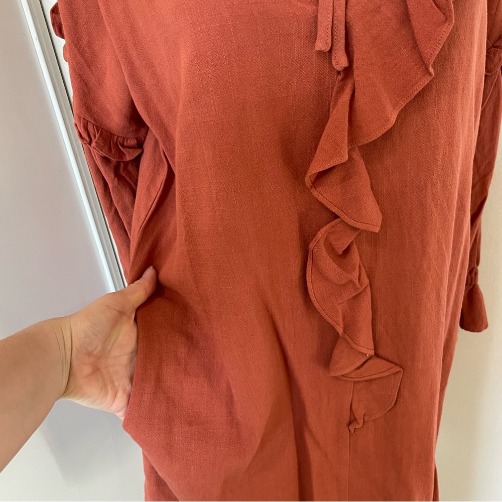 Linen Blend Rust Ruffle Long Sleeve Dress - Picture 4 of 7